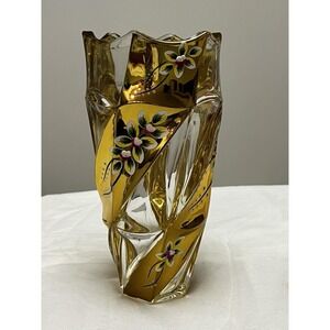 Vtg Bohemian Czech Art Glass Faceted Vase Amber Gold Hand Painted Floral 9"